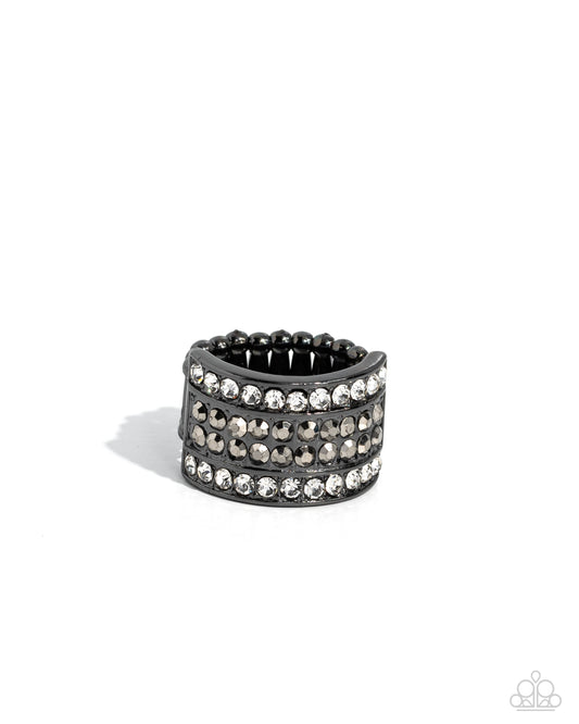 Smoldering Spectacle - Black Gunmetal, Hematite & White Rhinestone Ring Paparazzi R1041