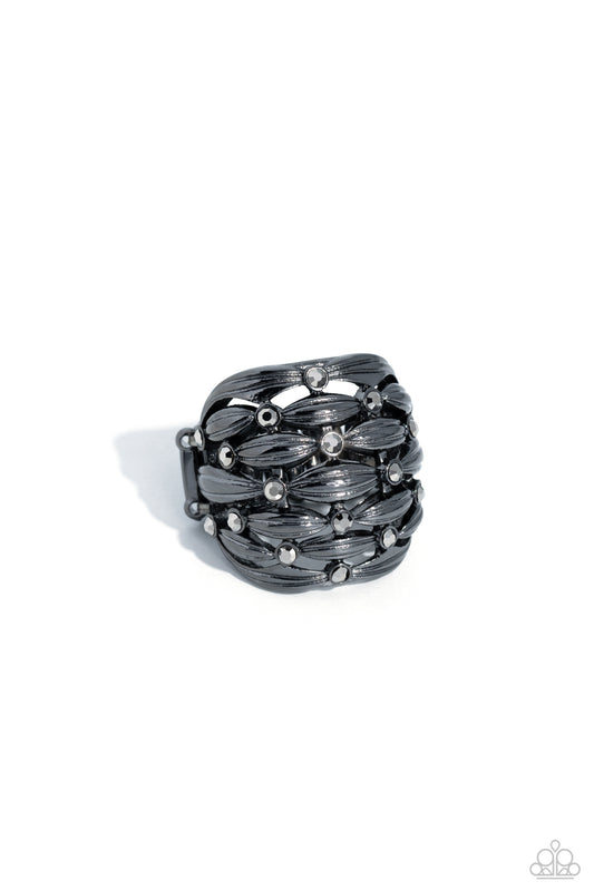 Steadfast Stack - Black Gunmetal & Hematite Rhinestone Textured Row Ring Paparazzi R1040