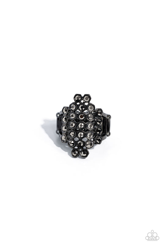 Honeycomb Haute - Black Gunmetal & Hematite Rhinestone Ring Paparazzi R0759