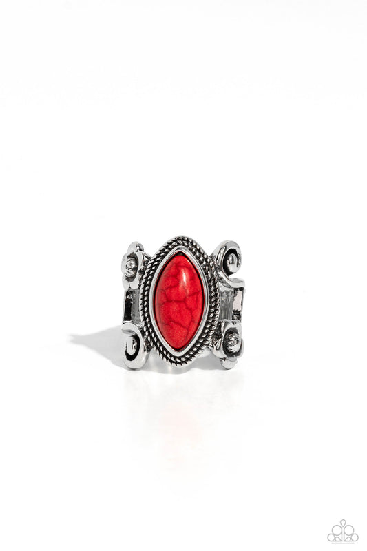 Flower SWIRL - Red Stone Silver Swirl Santa Fe Style Ring Paparazzi R0913
