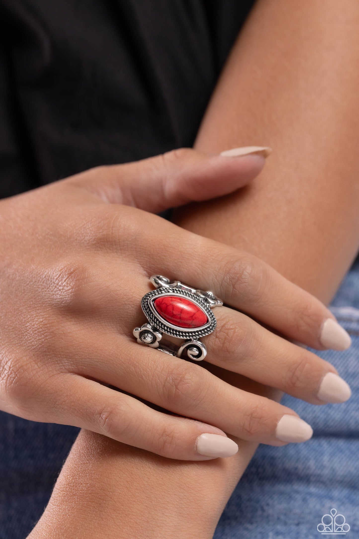 Flower SWIRL - Red Stone Silver Swirl Santa Fe Style Ring Paparazzi R0913