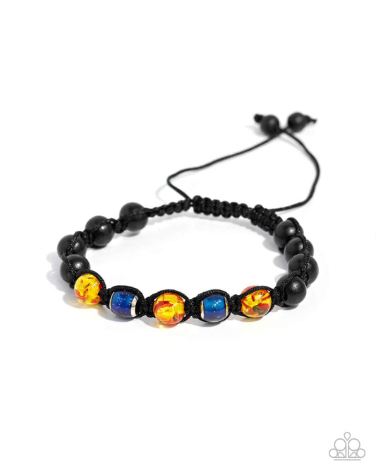 WOOD You Mind? - Yellow Glassy, Sparkle Blue, Silver & Wood Bead Sliding Knot Urban Bracelet Paparazzi B1883