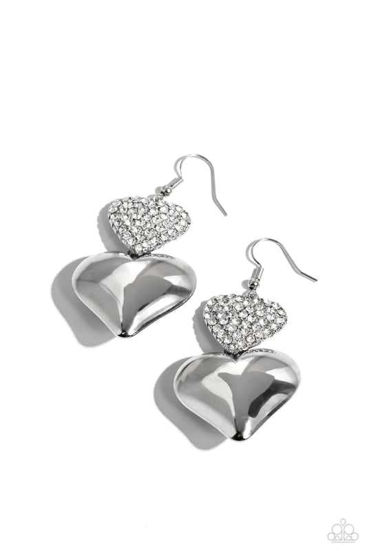 Charming Connection - White Rhinestone Silver Heart Earrings Paparazzi E3098