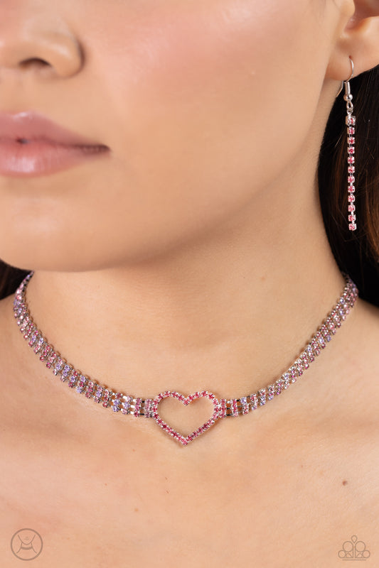 Rows of Romance - Pink Rose Rhinestone Heart Choker Necklace Paparazzi