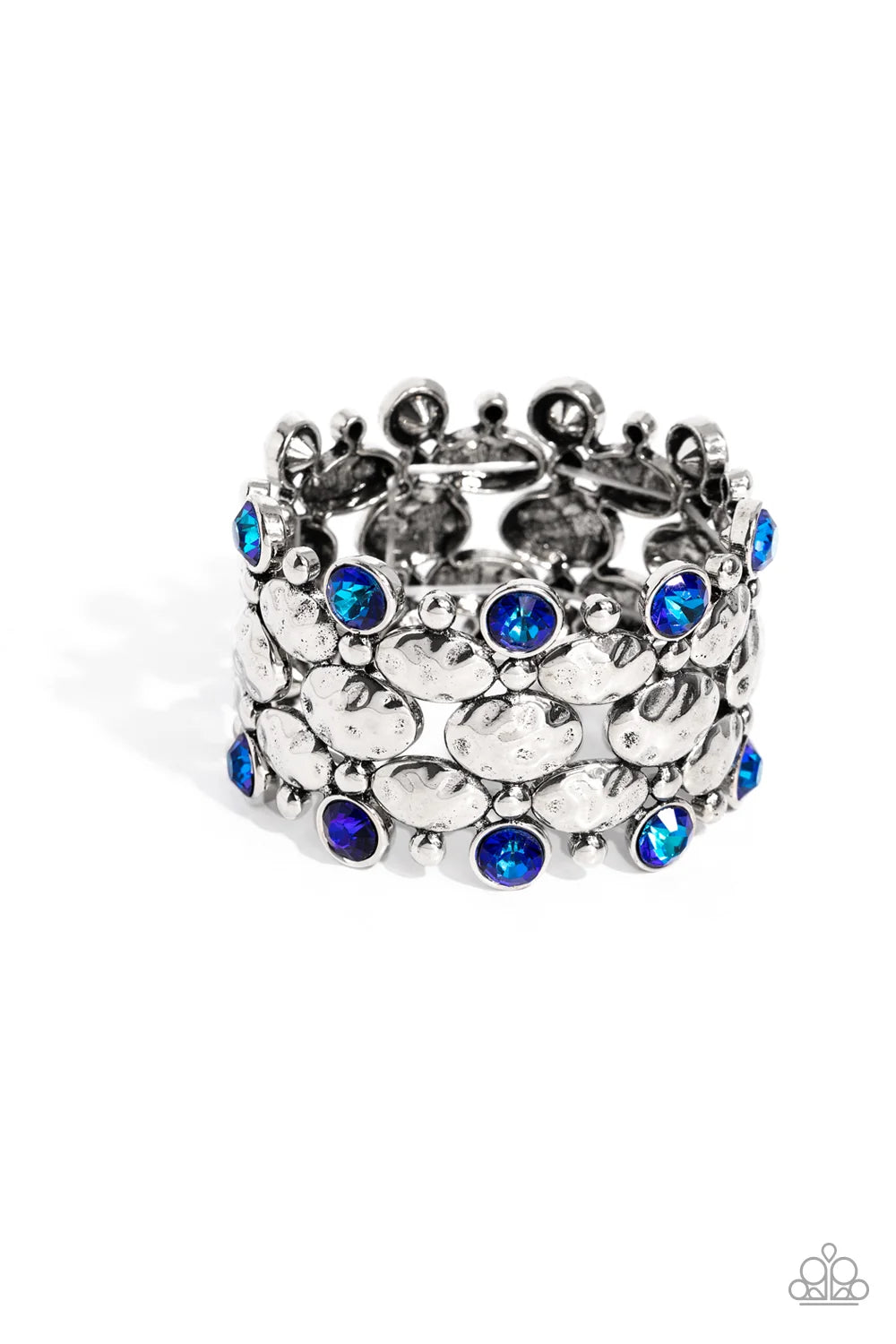 Paparazzi Hammered Headliner - Blue Gem Silver Oval Hammered Stretch Bracelet