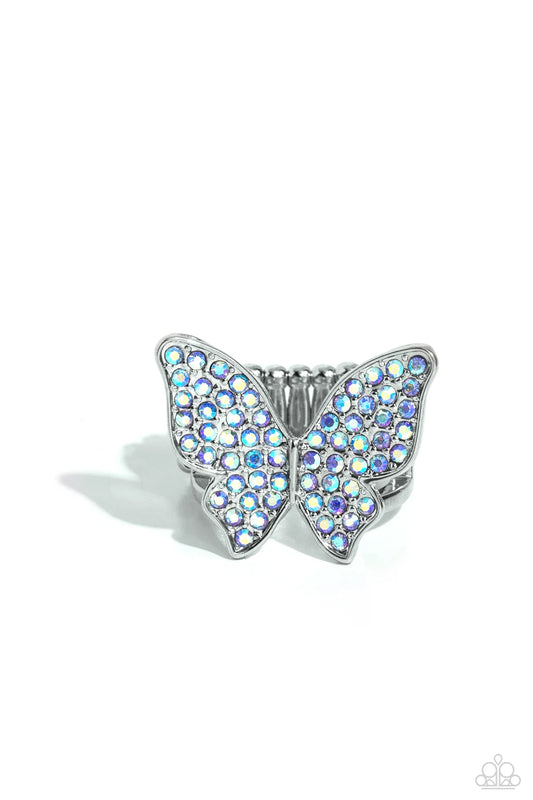 Paparazzi High Time - Blue Iridescent Rhinestone Silver Butterfly Ring R1085