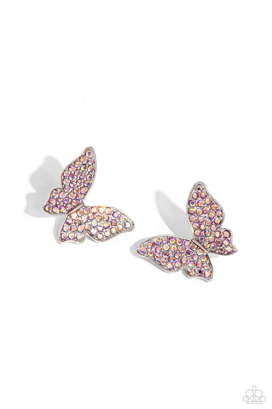 Paparazzi High Life - Pink Iridescent Rhinestone Silver Butterfly Post Earring E3263