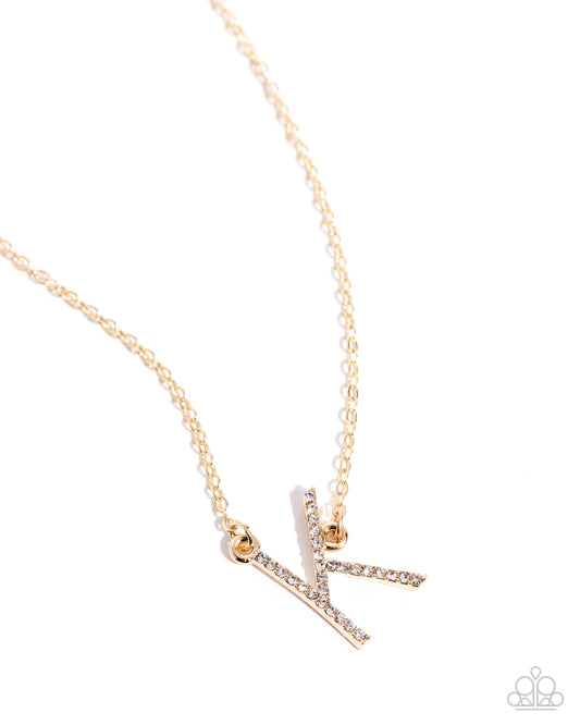 INITIALLY Yours - K - Gold Letter "K" & White Rhinestone Initial Necklace Paparazzi