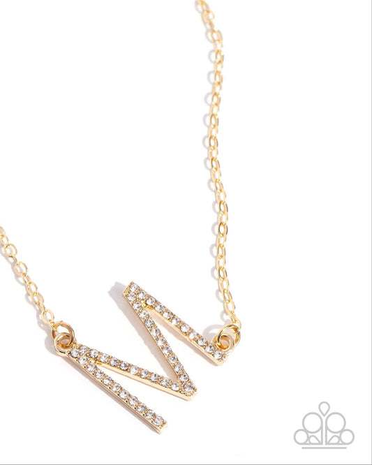 INITIALLY Yours - M - Gold Letter "M" & White Rhinestone Initial Necklace Paparazzi