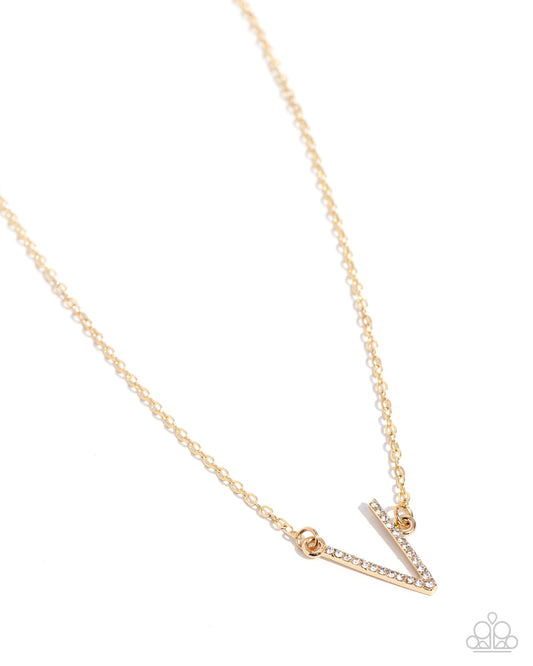INITIALLY Yours - V - Gold Letter "V" & White Rhinestone Initial Necklace Paparazzi