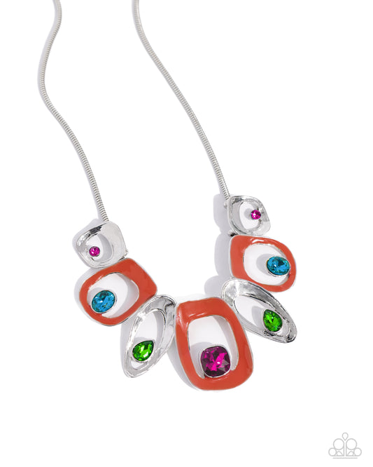 Poetically Painted - Orange Vibrant Hue & Blue, Pink, Green Gem Necklace Paparazzi N2373