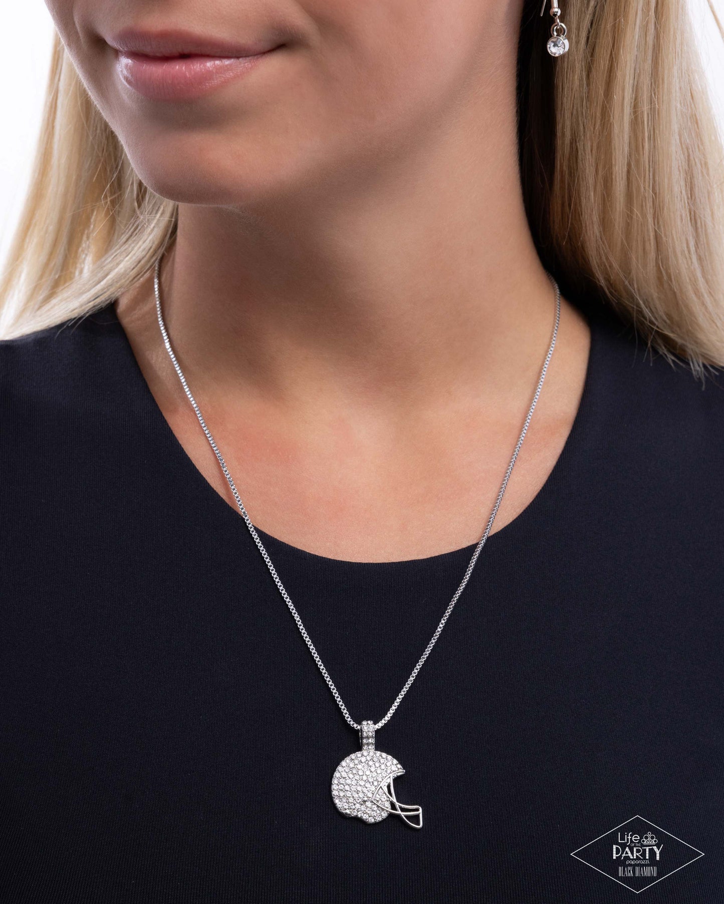 Touchdown Twinkle - White Rhinestone Football Helmet Necklace Black Diamond Encore Life Of The Party Paparazzi N3209