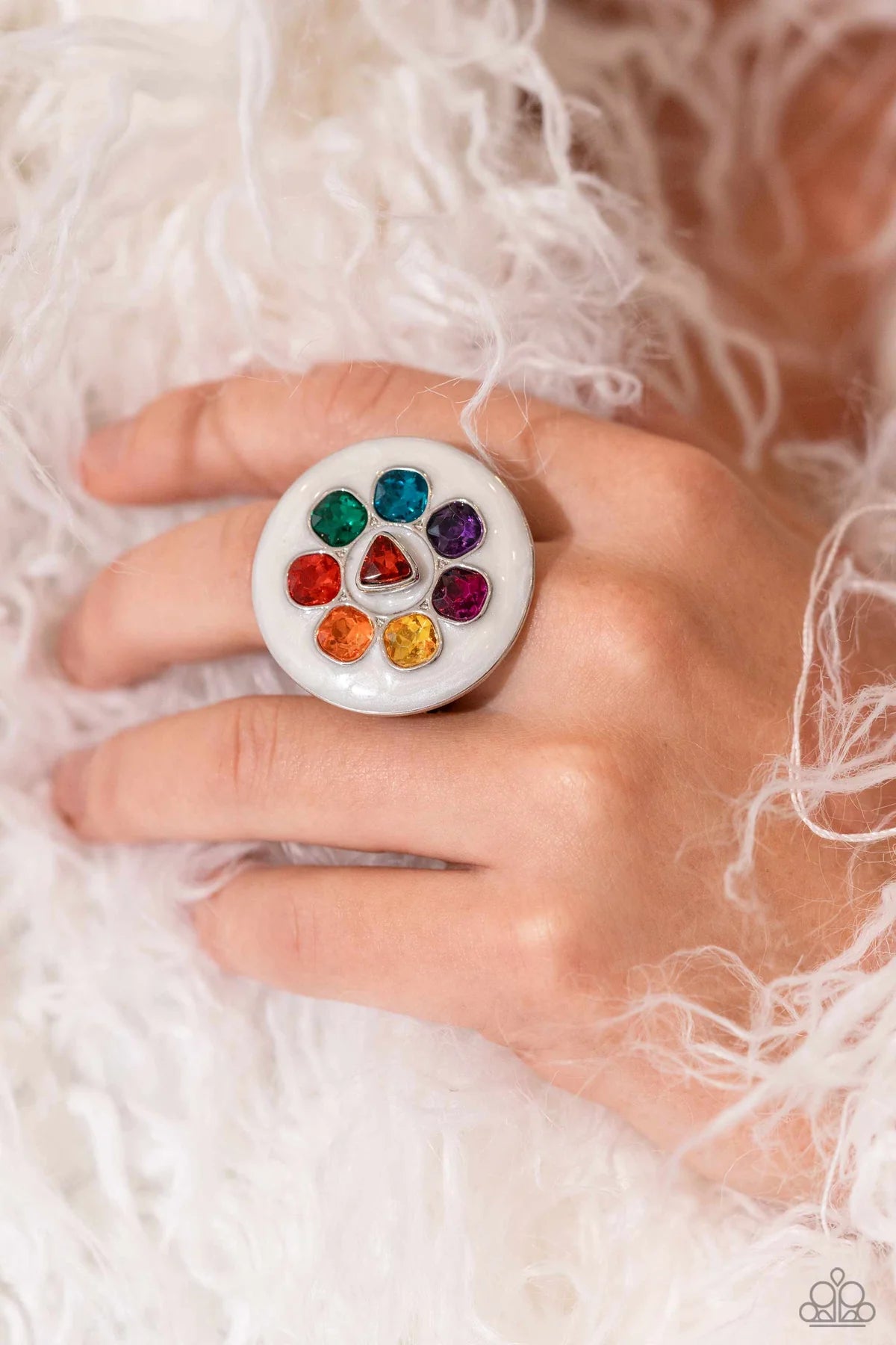 Captivating Centerpiece - Multi Colored Gem White & Silver Ring  Life of the Party February 2024  R0653