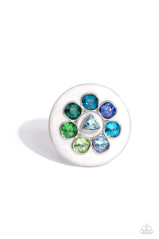 Paparazzi Captivating Centerpiece - Blue & Green Radiant Cut Gem White Pearly Hue Oversized Ring R0708