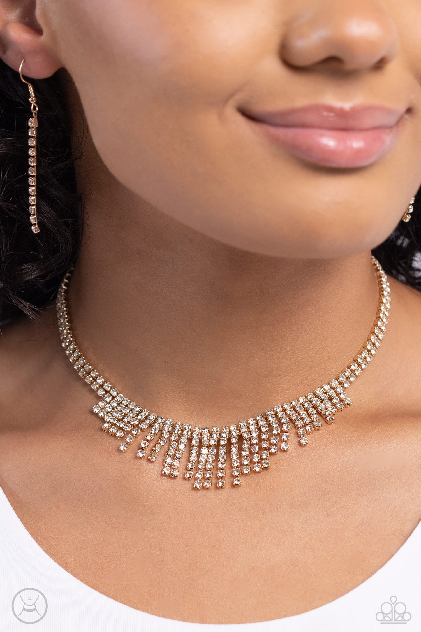 Daring Decadence - Gold & White Rhinestone Fringe Choker Necklace Paparazzi N2738