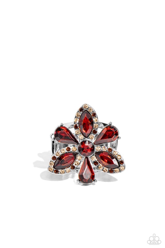 Blazing Blooms - Brown Tea, Topaz, Light Peach Rhinestone Ring Paparazzi R0701