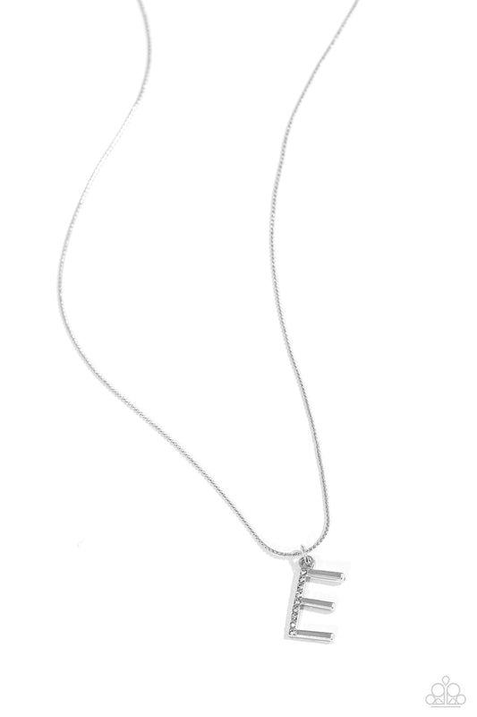 Letter of the Law - White - E Rhinestone Initial Necklace Paparazzi N2669