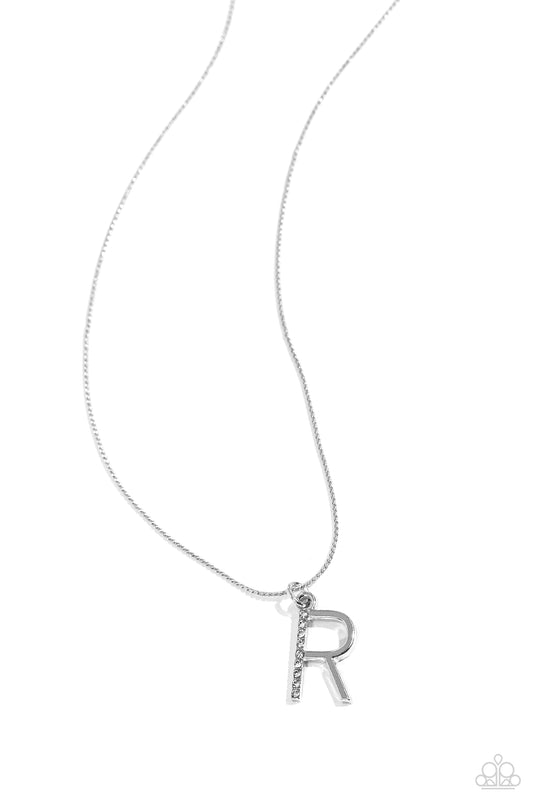 Letter of the Law - White - R White Rhinestone Initial Necklace Paparazzi N2681