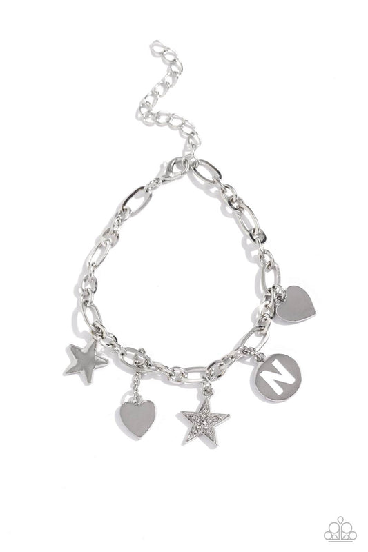 Legacy Letters - White - N Initial Silver Rhinestone Star & Silver Heart Charm Bracelet Paparazzi B1809