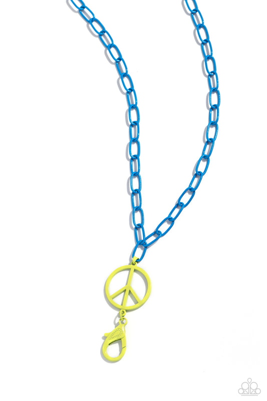 Tranquil Unity - Blue Paperclip Chain Yellow Peace Sign Lanyard Necklace Paparazzi N2592