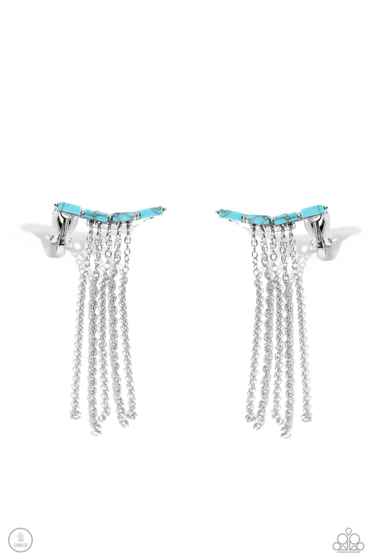 Paparazzi Fault Line Fringe - Blue Turquoise Silver Ear Crawler Santa Fe Style Earrings E3261