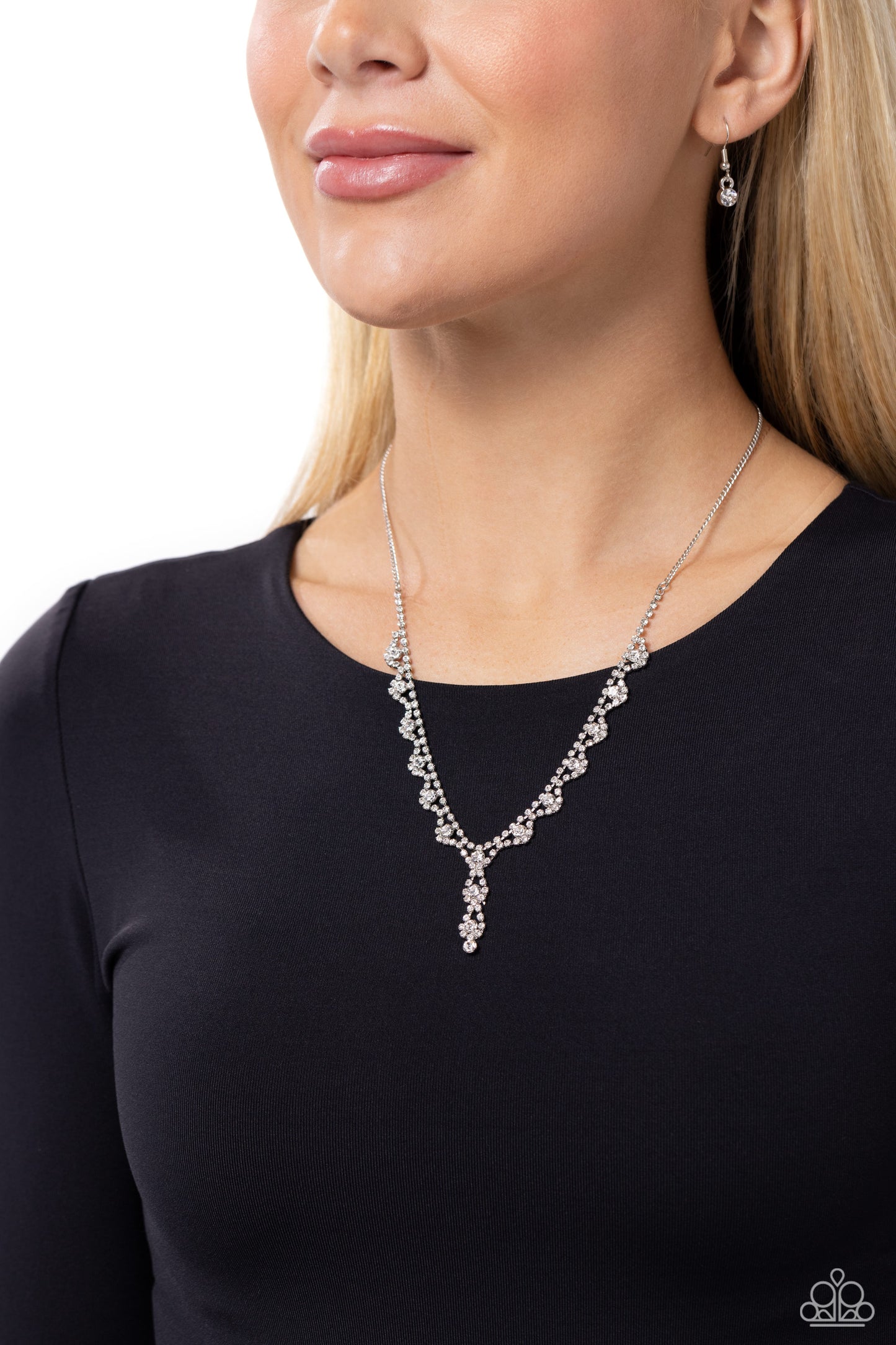Executive Embellishment - White Gem & White Rhinestone Glittery Necklace Paparazzi N2695