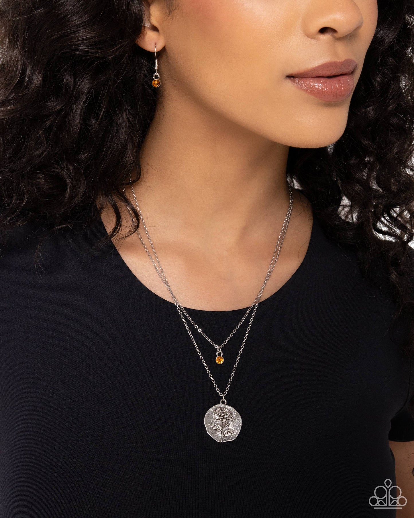 Birthstone Beauty - Orange Topaz Rhinestone November Birthstone & Chrysanthemum Birth Month Flower Necklace Paparazzi N2439