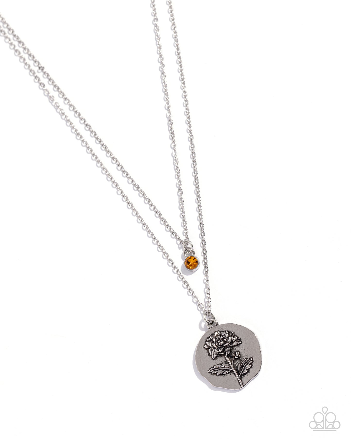 Birthstone Beauty - Orange Topaz Rhinestone November Birthstone & Chrysanthemum Birth Month Flower Necklace Paparazzi N2439