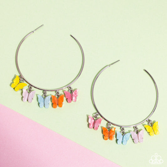 Bemusing Butterflies - Multi Colored Butterflys On 2 1/2 Inch Hoop Earring Life Of The Party April 2024 Paparazzi