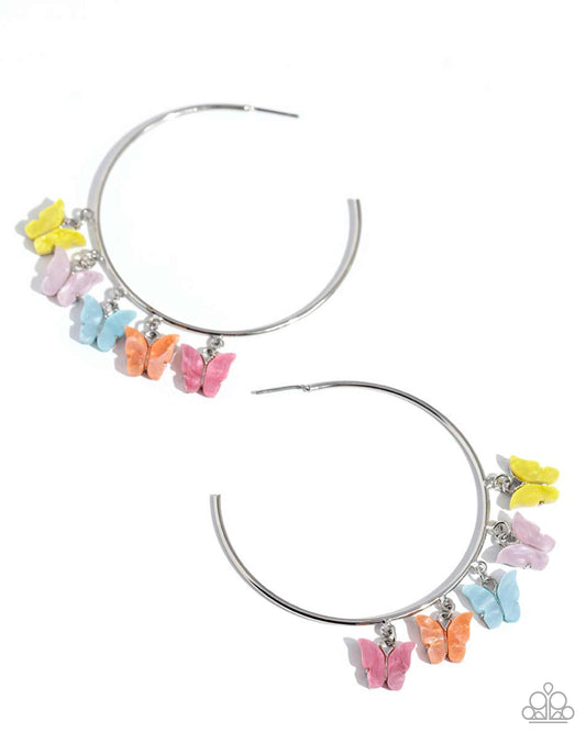 Bemusing Butterflies - Multi Colored Butterflys On 2 1/2 Inch Hoop Earring Life Of The Party April 2024 Paparazzi E2303