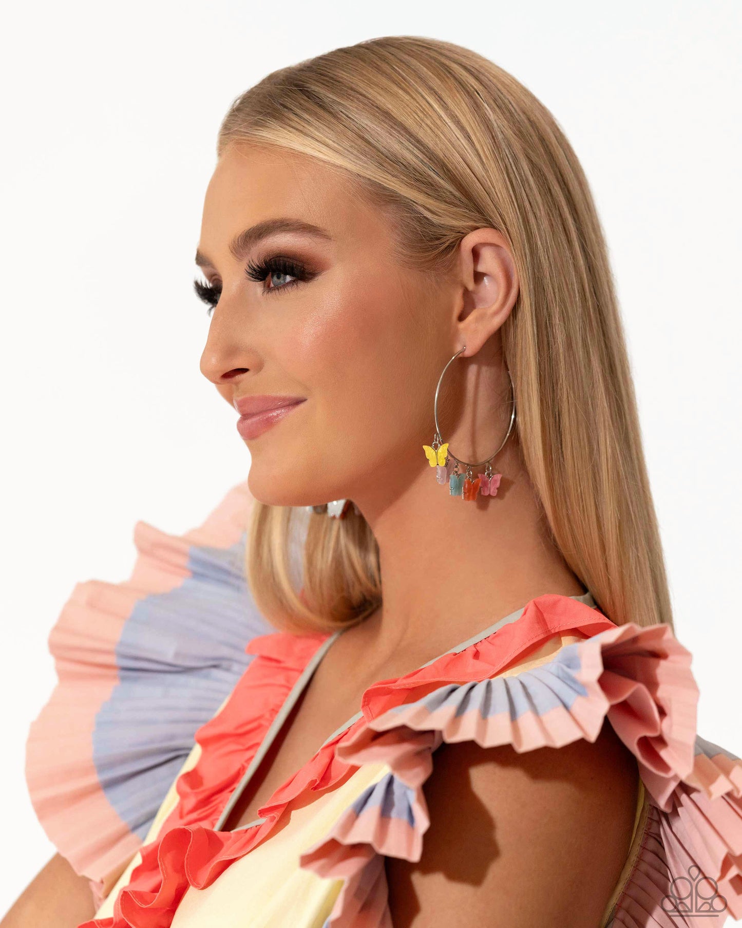 Bemusing Butterflies - Multi Colored Butterflys On 2 1/2 Inch Hoop Earring Life Of The Party April 2024 Paparazzi E2303