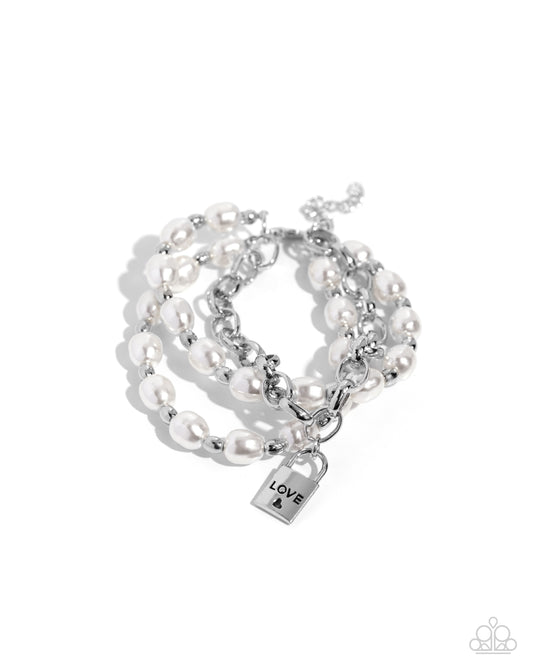 LOVE-Locked Legacy - White Pearl "Love" Inspirational Lock Bracelet Paparazzi B1786