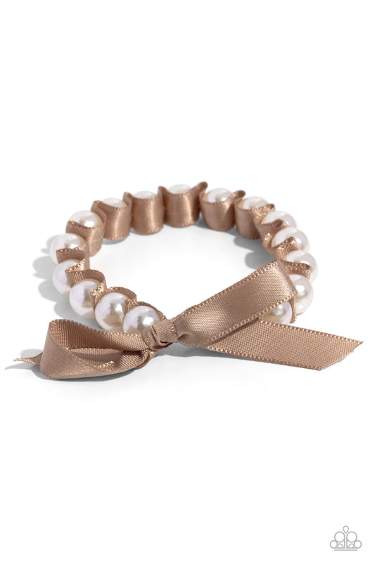 Ribbon Rarity - Brown Doe Ribbon White Pearl Stretch Bracelet Paparazzi B1635
