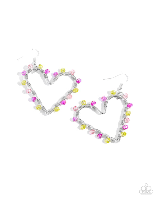 HEART of Your World - Multi Colored Yellow & Pink Bead Heart Frame Earring Paparazzi E2874