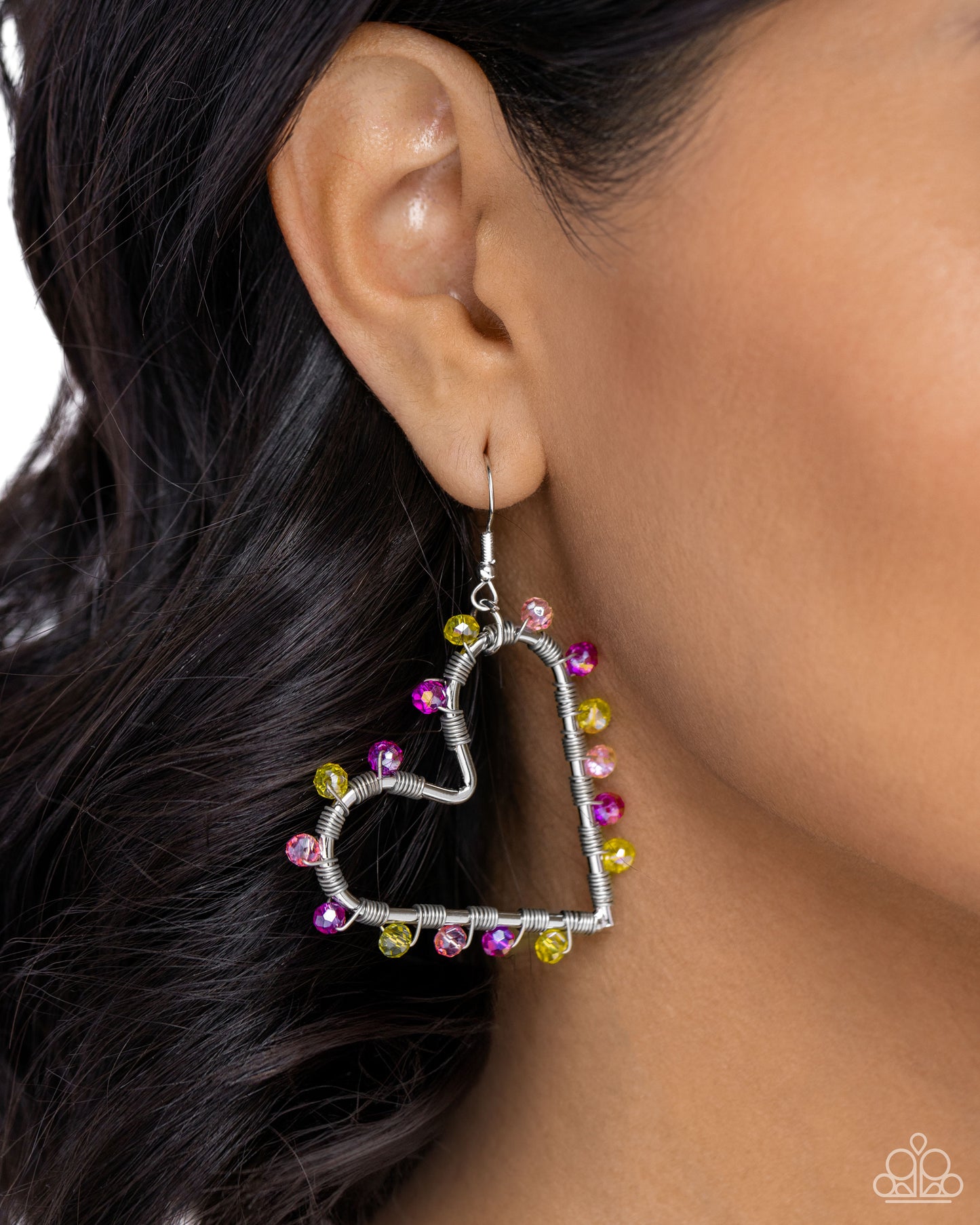 HEART of Your World - Multi Colored Yellow & Pink Bead Heart Frame Earring Paparazzi E2874
