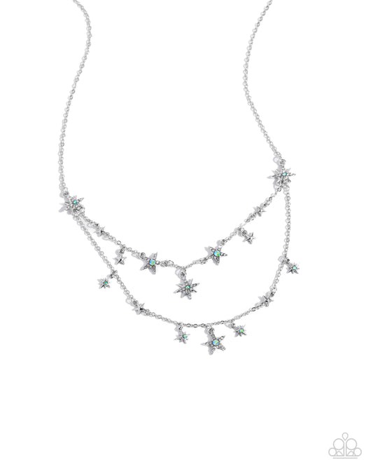 Raising the STAR - Green Iridescent Gem & Silver Star Layer Necklace Paparazzi N2696