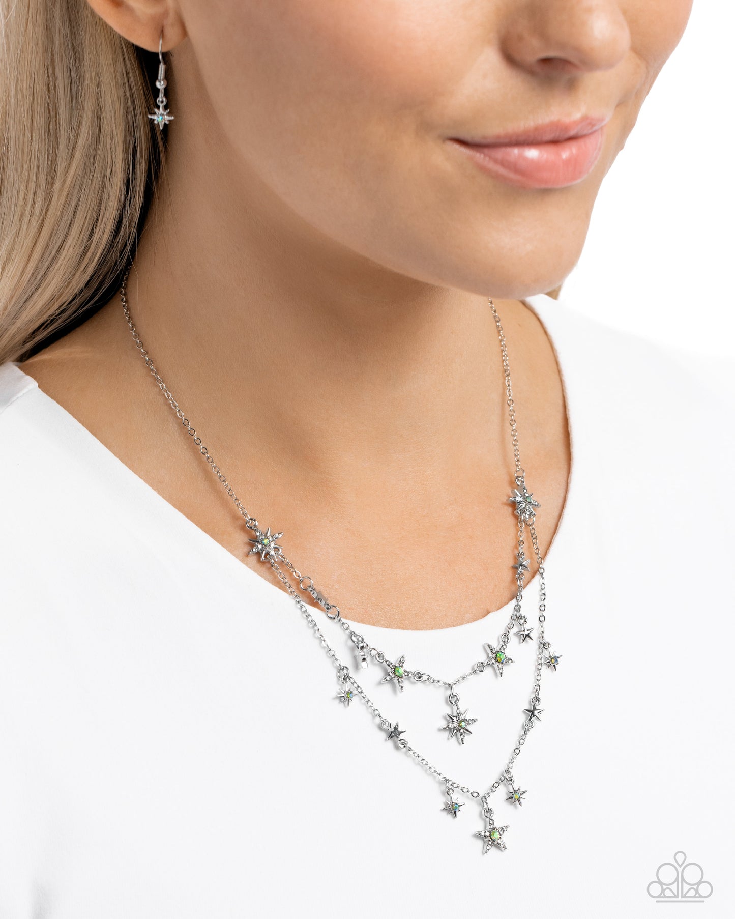 Raising the STAR - Green Iridescent Gem & Silver Star Layer Necklace Paparazzi N2696