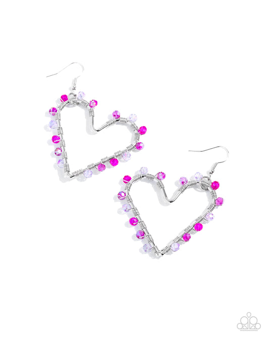 HEART of Your World - Pink Bead & Silver Heart Frame Earring Paparazzi E2155