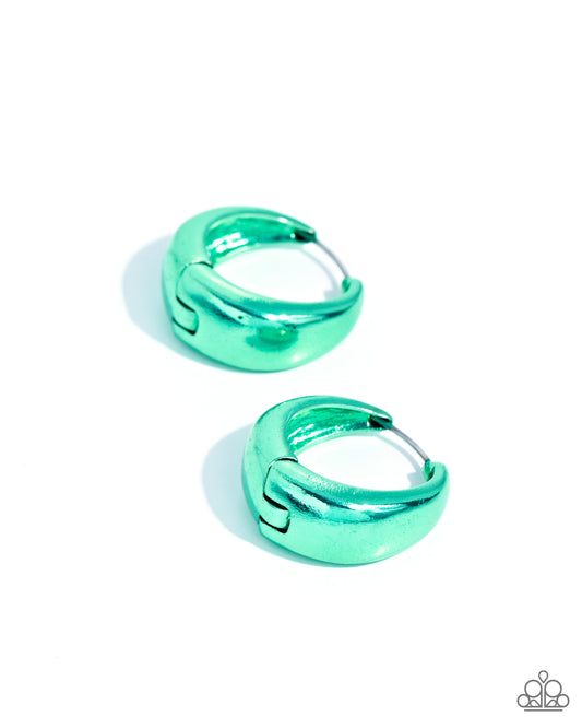 Colorful Curiosity - Green Electric Bright Colored 3/4 Inch Hinge Hoop Earring Paparazzi E2496