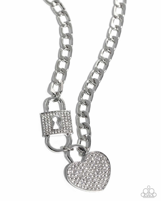 Lock Up Your Love - White Rhinestone Silver Lock & Heart Padlock Necklace Life Of The Party June 2024 Paparazzi N2424