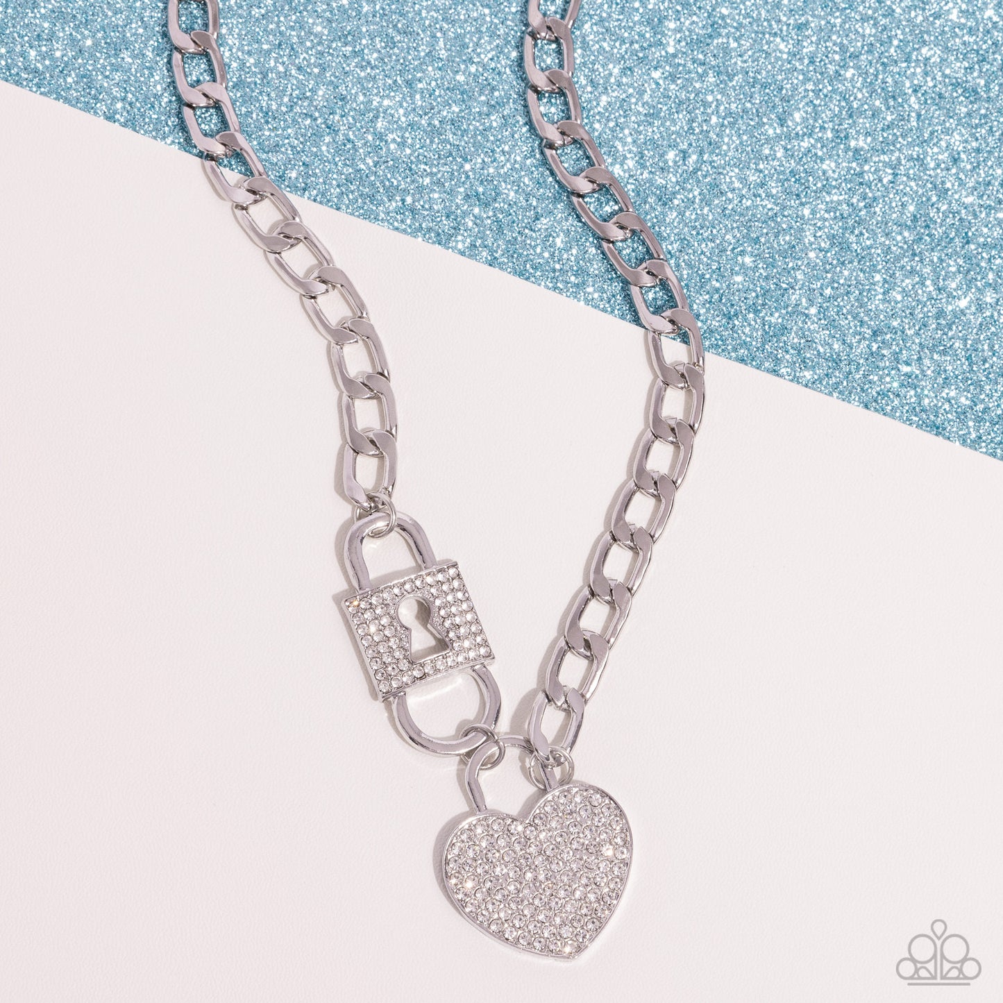 Lock Up Your Love - White Rhinestone Silver Lock & Heart Padlock Necklace Life Of The Party June 2024 Paparazzi N2424