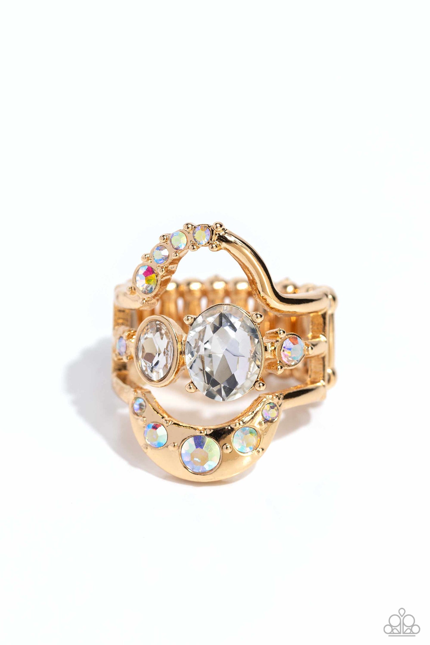 Shopaholic Statement - Gold Oval White Rhinestone & Gem Ring Paparazzi R0940