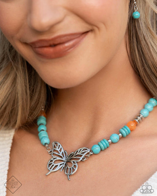 Try As I FLIGHT - Blue Turquoise, Silver Butterfly Necklace Simply Santa Fe Fashion Fix May 2024 Paparazzi