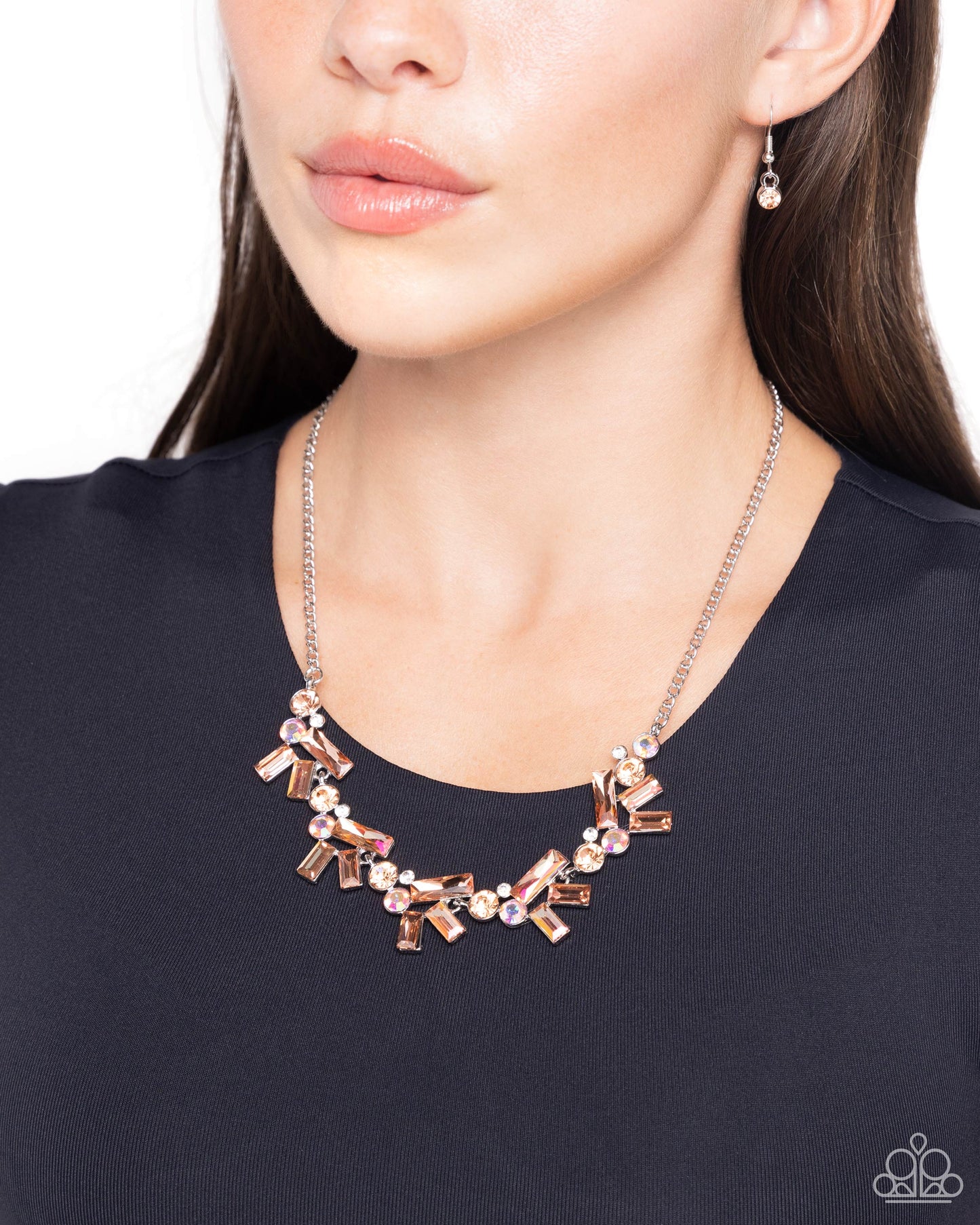 Serene Statement - Orange, Peach Iridescent UV Shimmery Rhinestone & Gem Necklace Paparazzi N2711