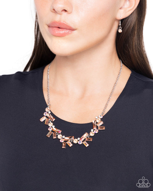 Serene Statement - Orange, Peach Iridescent UV Shimmery Rhinestone & Gem Necklace Paparazzi N2711