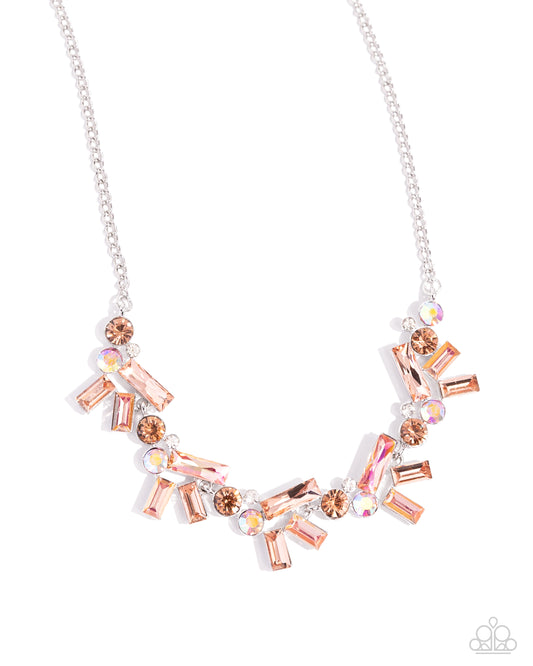 Serene Statement - Orange, Peach Iridescent UV Shimmery Rhinestone & Gem Necklace Paparazzi N2711