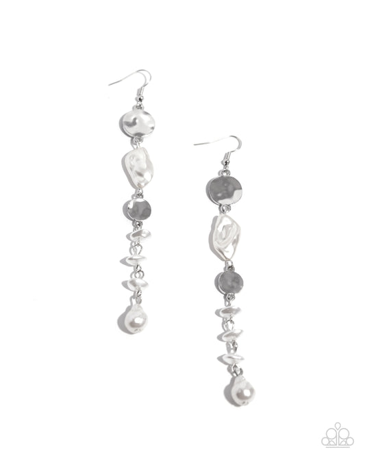 Cosmopolitan Chic - White Baroque Pearl, Silver Hammered Disc Earring Paparazzi E2036