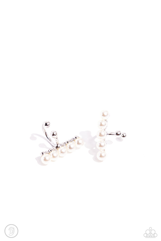 CUFF Love - White Pearl Silver Barbell Style Ear Cuff Paparazzi E2048