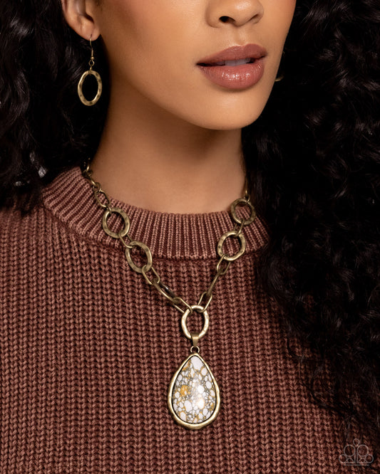 Tangible Tranquility - Brass Hammered Ring, White & Brass Teardrop Stone Santa Fe Style Necklace Paparazzi N2226