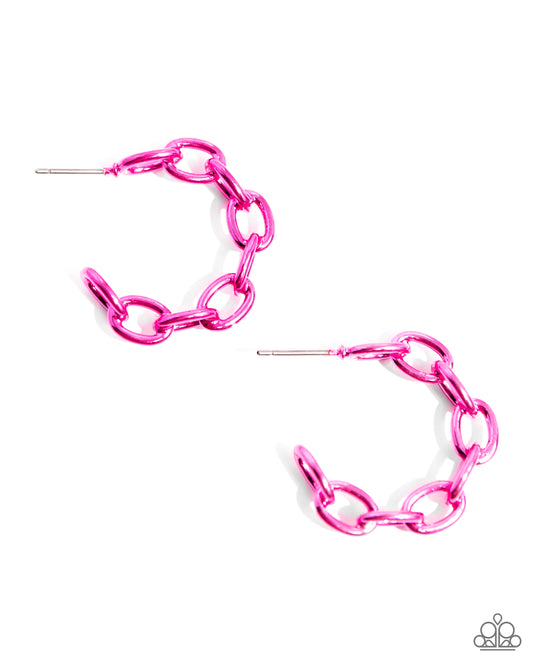 Colorful Cameo - Pink Electric Metal Cable Chain 1 Inch Hoop Earring Paparazzi E2209